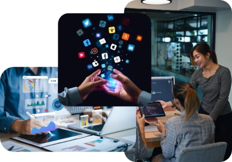 A stylized graphic representing collaborative technology and business strategy.